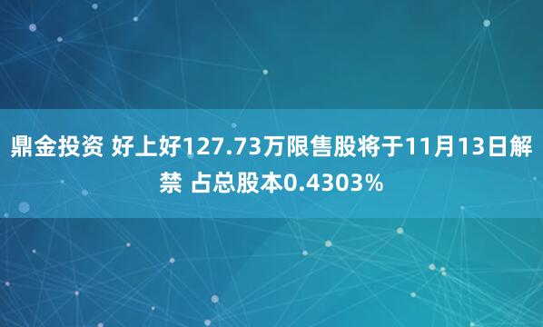 鼎金投资 好上好127.73万限售股将于11月13日解禁 占总股本0.4303%